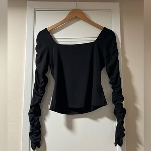 H&M Black Ruched Puff Sleeve Square Neck Top – Size S